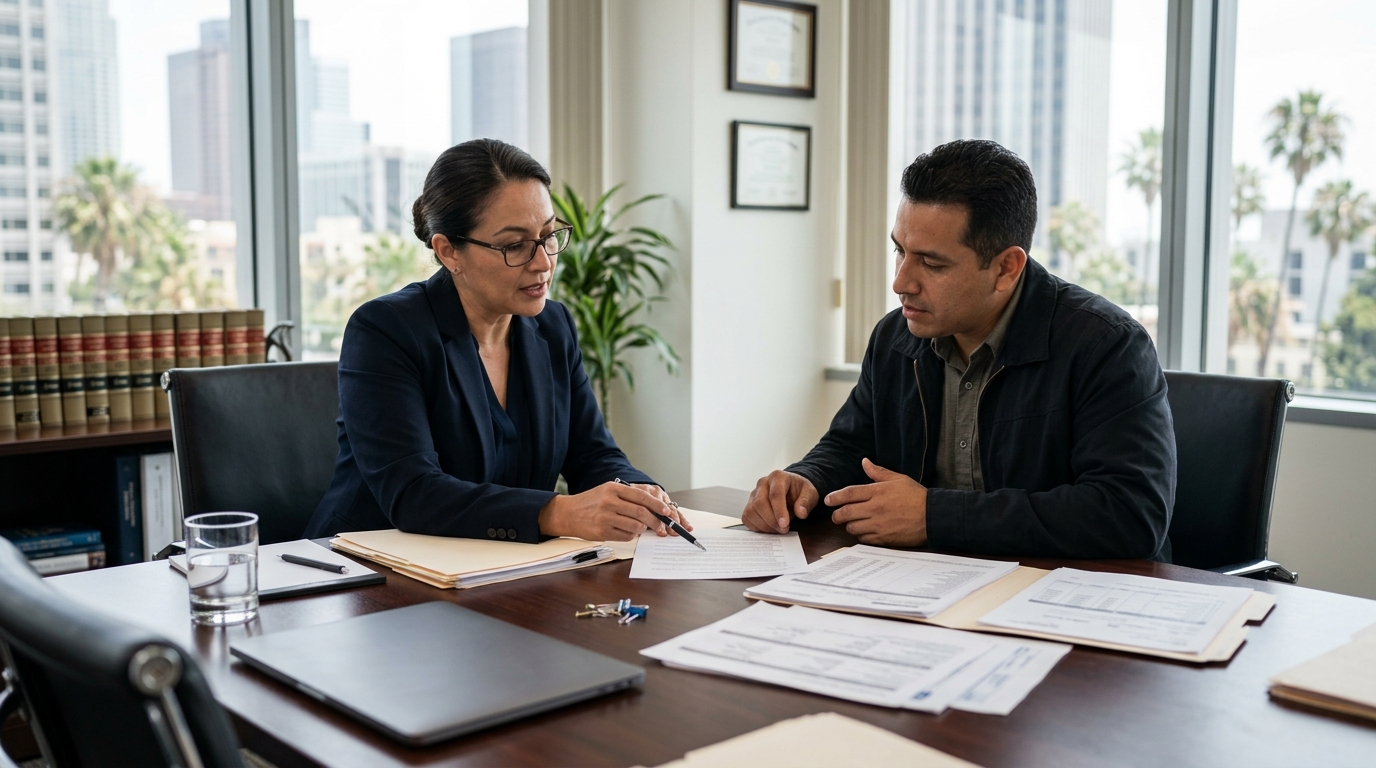 Víctima de accidente consultando documentos de seguro y opciones de indemnización en Los Ángeles